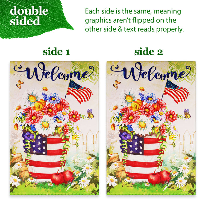 G128 Combo Pack: Garden Flag Stand Black 36 in x 16 in & Garden Flag Patriotic Decoration Welcome USA Flag Flower Pot 12"x18" Double-Sided Blockout Fabric