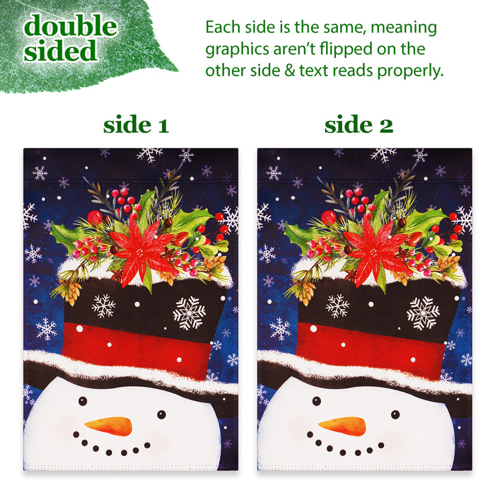 G128 Combo Pack: Garden Flag Stand Black 36 in x 16 in & Garden Flag Winter Decoration Snowman with Festive Evergreen Top Hat 12"x18" Double-Sided Blockout Fabric