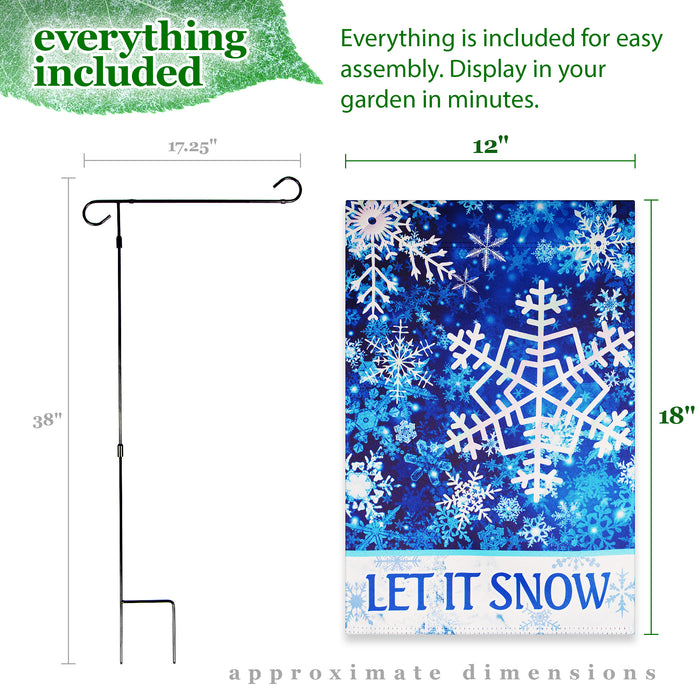 G128 Combo Pack: Garden Flag Stand Black 36 in x 16 in & Garden Flag Winter Decoration Let It Snow Snowflakes 12"x18" Double-Sided Blockout Fabric