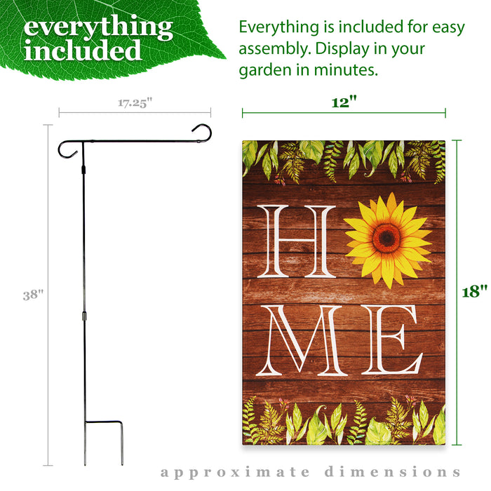 G128 Combo Pack: Garden Flag Stand Black 36 in x 16 in & Garden Flag Everyday Decoration Home Sunflower on Rustic Wood 12"x18" Double-Sided Blockout Fabric