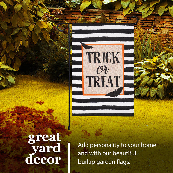 G128 Combo Pack: Garden Flag Stand Black 36 in x 16 in & Garden Flag Halloween Decoration Trick or Treat Bats and Black and White Stripes 12"x18" Double-Sided Burlap Fabric