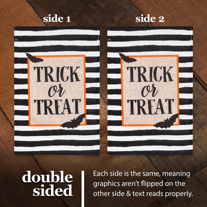 G128 Combo Pack: Garden Flag Stand Black 36 in x 16 in & Garden Flag Halloween Decoration Trick or Treat Bats and Black and White Stripes 12"x18" Double-Sided Burlap Fabric
