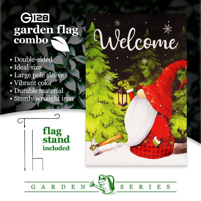 G128 Combo Pack: Garden Flag Stand Black 36 in x 16 in & Garden Flag Winter Decoration Welcome Festive Gnome with Lantern 12"x18" Double-Sided Blockout Fabric