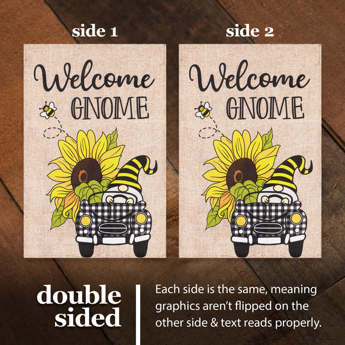 G128 Combo Pack: Garden Flag Stand Black 36 in x 16 in & Garden Flag Spring Decoration Welcome Gnome Sunflower Car 12"x18" Double-Sided Burlap Fabric