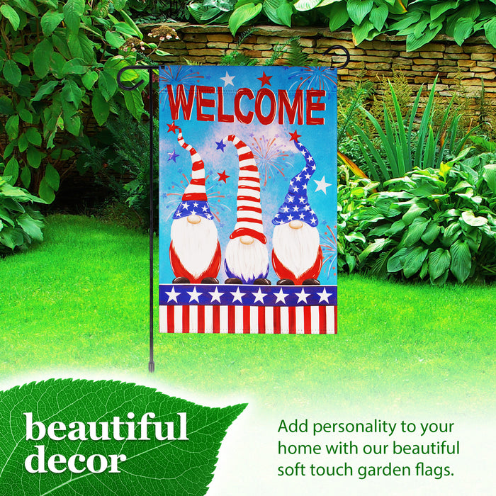 G128 Combo Pack: Garden Flag Stand Black 36 in x 16 in & Garden Flag Patriotic Decoration Welcome 3 Gnomes 12"x18" Double-Sided Blockout Fabric