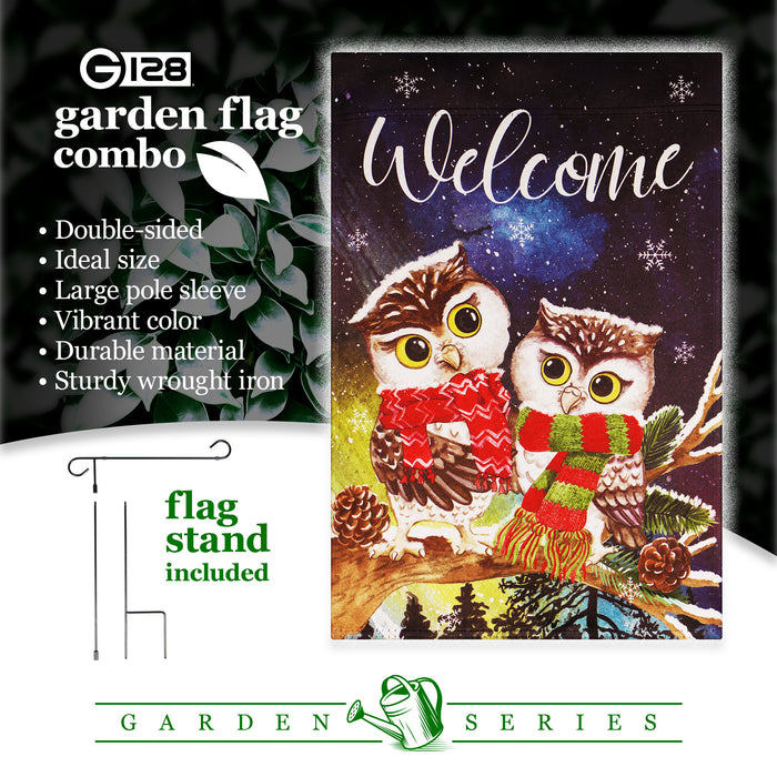 G128 Combo Pack: Garden Flag Stand Black 36 in x 16 in & Garden Flag Winter Decoration Cozy Owls with Scarves 12"x18" Double-Sided Blockout Fabric