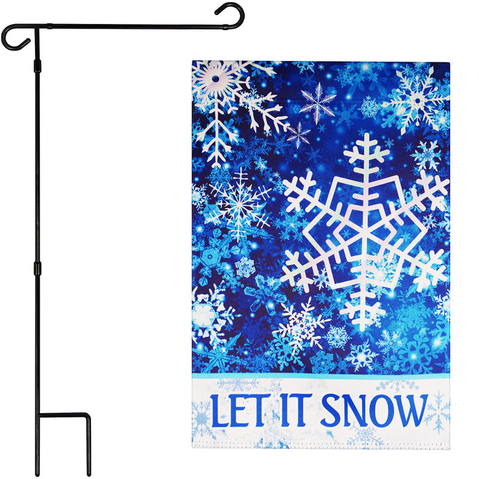 G128 Combo Pack: Garden Flag Stand Black 36 in x 16 in & Garden Flag Winter Decoration Let It Snow Snowflakes 12"x18" Double-Sided Blockout Fabric