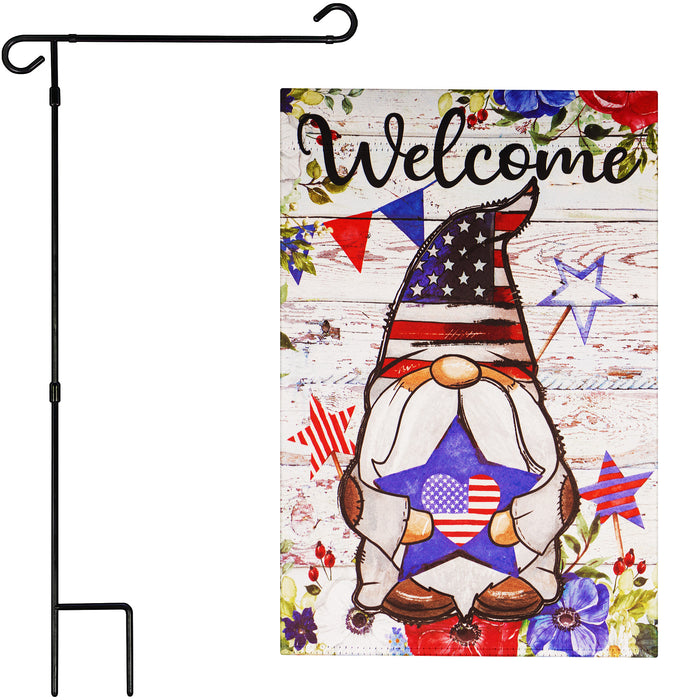G128 Combo Pack: Garden Flag Stand Black 36 in x 16 in & Garden Flag Patriotic Decoration Welcome Gnome with Star 12"x18" Double-Sided Blockout Fabric