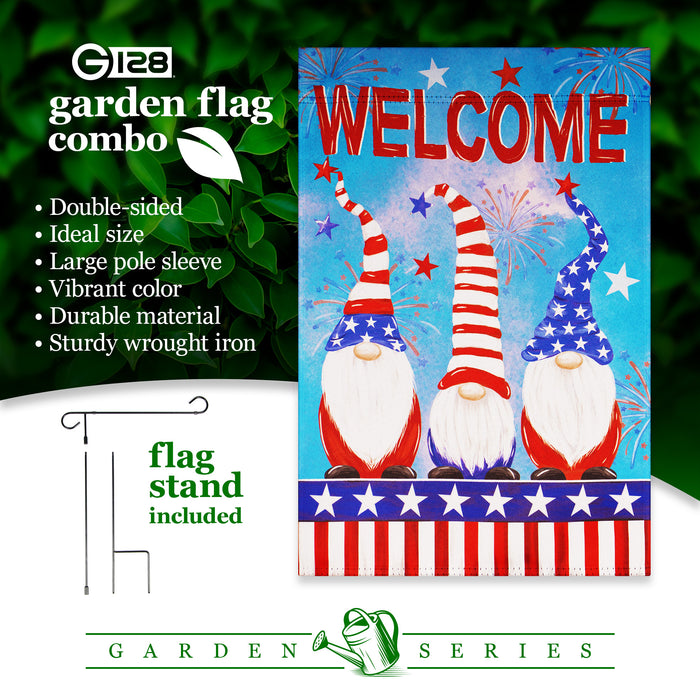 G128 Combo Pack: Garden Flag Stand Black 36 in x 16 in & Garden Flag Patriotic Decoration Welcome 3 Gnomes 12"x18" Double-Sided Blockout Fabric
