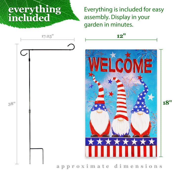 G128 Combo Pack: Garden Flag Stand Black 36 in x 16 in & Garden Flag Patriotic Decoration Welcome 3 Gnomes 12"x18" Double-Sided Blockout Fabric
