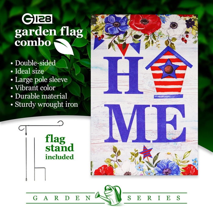 G128 Combo Pack: Garden Flag Stand Black 36 in x 16 in & Garden Flag Patriotic Decoration Home Birdhouse 12"x18" Double-Sided Blockout Fabric