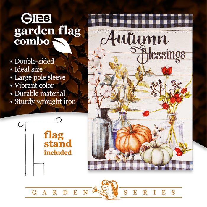 G128 Combo Pack: Garden Flag Stand Black 36 in x 16 in & Garden Flag Fall Decoration Autumn Blessings Pumpkins and Flower Vases 12"x18" Double-Sided Blockout Fabric