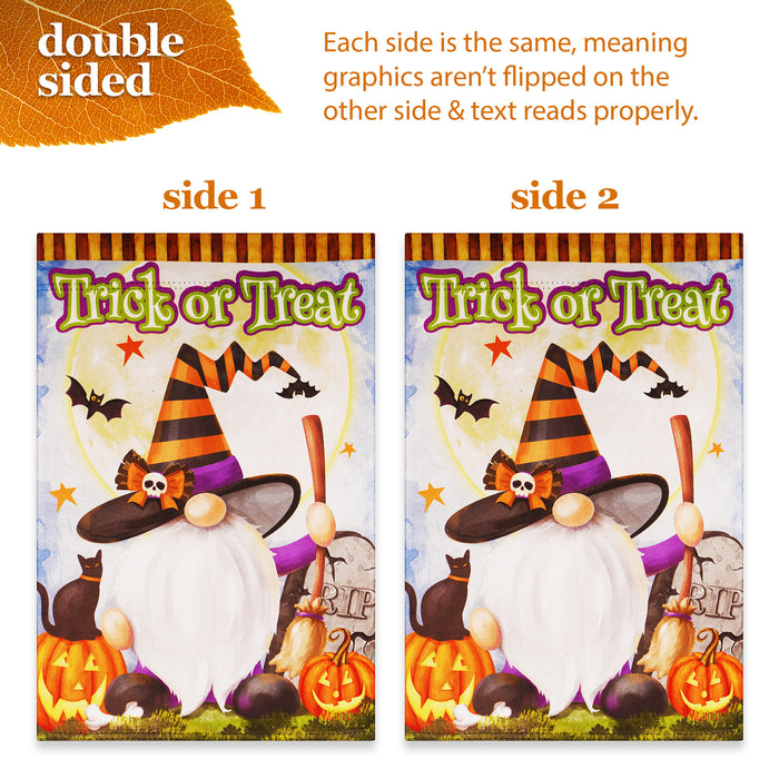 G128 Combo Pack: Garden Flag Stand Black 36 in x 16 in & Garden Flag Halloween Decoration Trick or Treat Witch Hat Gnome with Broom 12"x18" Double-Sided Blockout Fabric