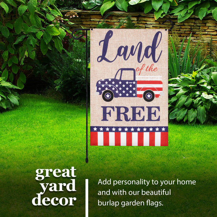 G128 Combo Pack: Garden Flag Stand Black 36 in x 16 in & Garden Flag Patriotic Decoration Land of the Free American Truck 12"x18" Double-Sided Burlap Fabric