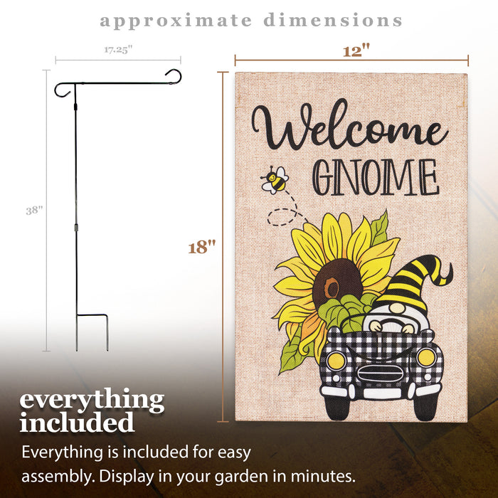 G128 Combo Pack: Garden Flag Stand Black 36 in x 16 in & Garden Flag Spring Decoration Welcome Gnome Sunflower Car 12"x18" Double-Sided Burlap Fabric