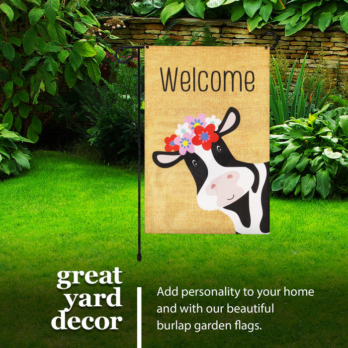 G128 Combo Pack: Garden Flag Stand Black 36 in x 16 in & Garden Flag Spring Decoration Welcome Cow with Flowers 12"x18" Double-Sided Burlap Fabric