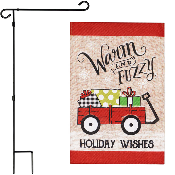 G128 Combo Pack: Garden Flag Stand Black 36 in x 16 in & Garden Flag Winter Decoration Warm and Fuzzy Holiday Wishes Wagon with Gifts 12"x18" Double-Sided Burlap Fabric