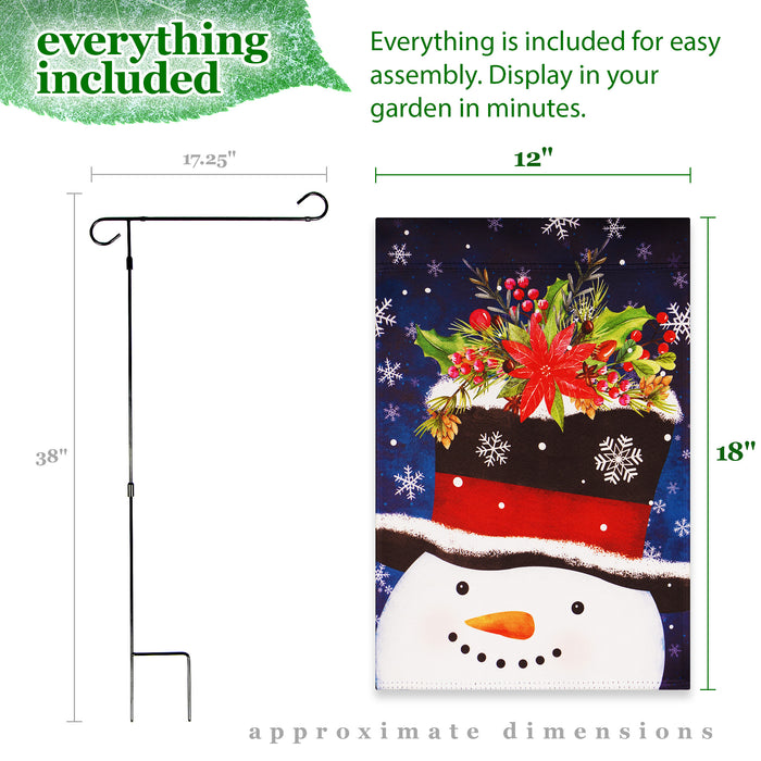 G128 Combo Pack: Garden Flag Stand Black 36 in x 16 in & Garden Flag Winter Decoration Snowman with Festive Evergreen Top Hat 12"x18" Double-Sided Blockout Fabric