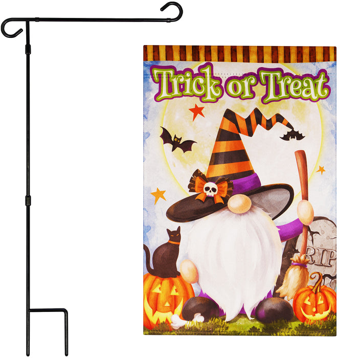 G128 Combo Pack: Garden Flag Stand Black 36 in x 16 in & Garden Flag Halloween Decoration Trick or Treat Witch Hat Gnome with Broom 12"x18" Double-Sided Blockout Fabric