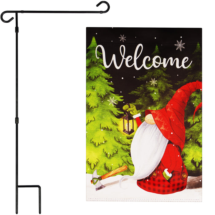 G128 Combo Pack: Garden Flag Stand Black 36 in x 16 in & Garden Flag Winter Decoration Welcome Festive Gnome with Lantern 12"x18" Double-Sided Blockout Fabric