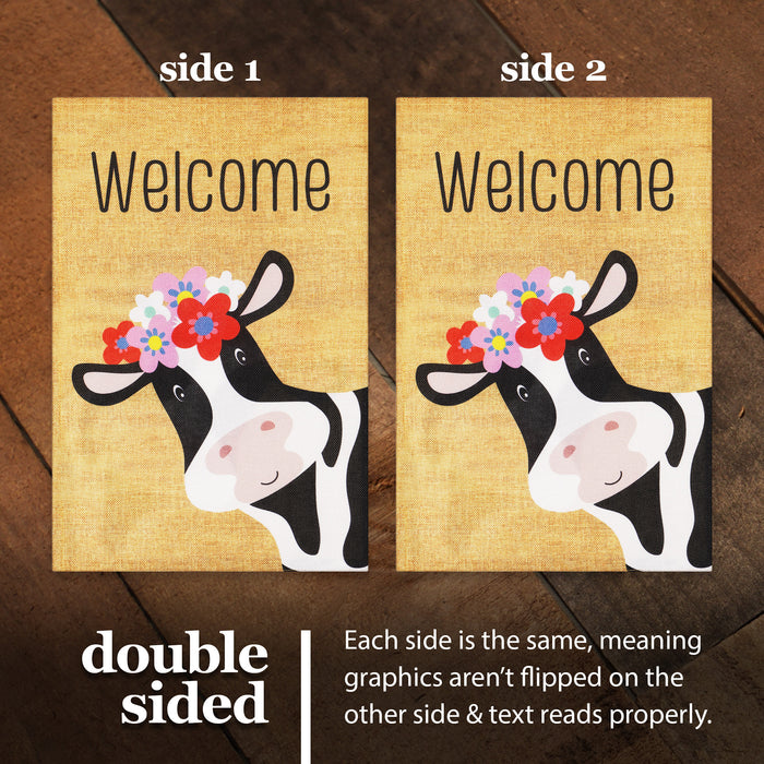 G128 Combo Pack: Garden Flag Stand Black 36 in x 16 in & Garden Flag Spring Decoration Welcome Cow with Flowers 12"x18" Double-Sided Burlap Fabric