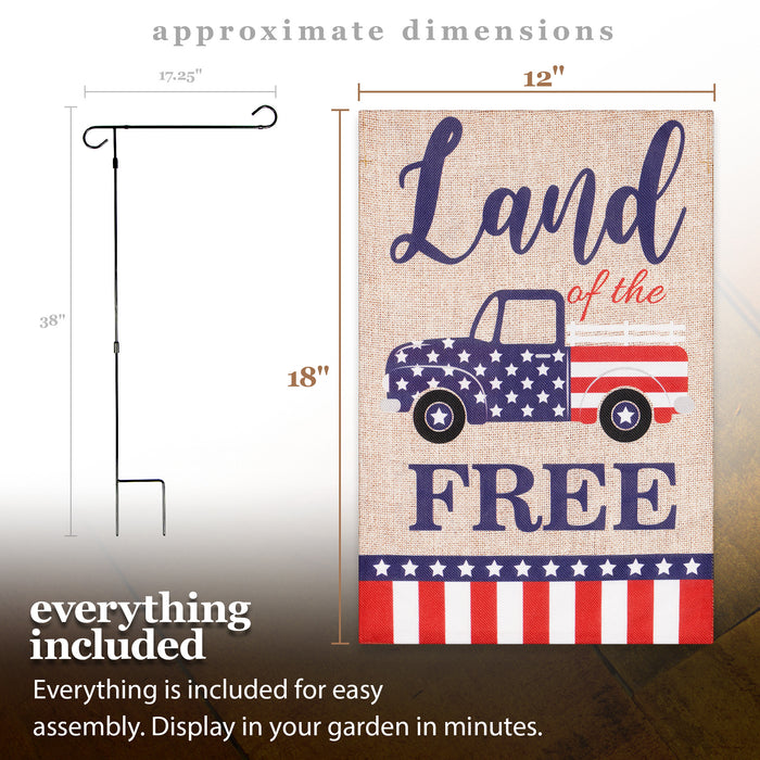 G128 Combo Pack: Garden Flag Stand Black 36 in x 16 in & Garden Flag Patriotic Decoration Land of the Free American Truck 12"x18" Double-Sided Burlap Fabric