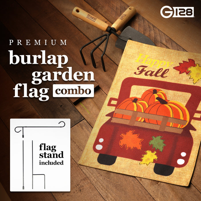 G128 Combo Pack: Garden Flag Stand Black 36 in x 16 in & Garden Flag Fall Decoration Pumpkins in Truck Bed 12"x18" Double-Sided Burlap Fabric