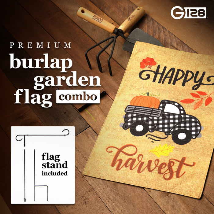 G128 Combo Pack: Garden Flag Stand Black 36 in x 16 in & Garden Flag Fall Decoration Happy Harvest Pumpkin in Truck Bed 12"x18" Double-Sided Burlap Fabric