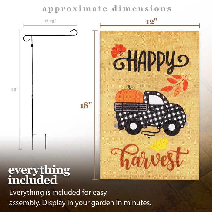 G128 Combo Pack: Garden Flag Stand Black 36 in x 16 in & Garden Flag Fall Decoration Happy Harvest Pumpkin in Truck Bed 12"x18" Double-Sided Burlap Fabric