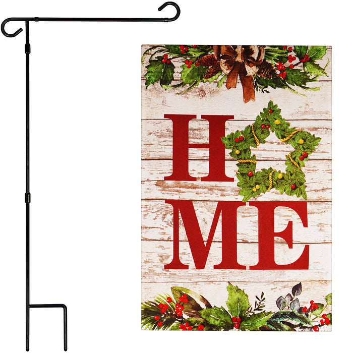 G128 Combo Pack: Garden Flag Stand Black 36 in x 16 in & Garden Flag Everyday Decoration Home Wreath on Rustic Wood 12"x18" Double-Sided Blockout Fabric