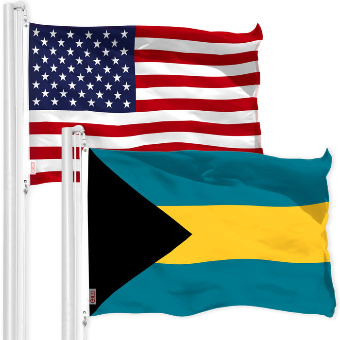 G128 Combo Pack: American USA Flag 3x5 Ft & Bahamas Bahamian Flag 3x5 Ft | Both LiteWeave Pro Series Printed 150D Polyester, Brass Grommets