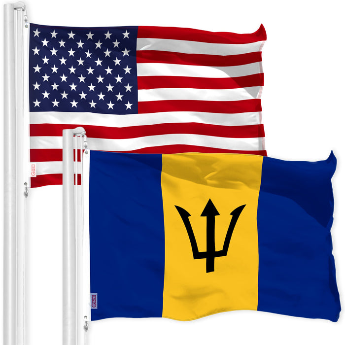 G128 Combo Pack: American USA Flag 3x5 Ft & Barbados Barbadian Flag 3x5 Ft | Both LiteWeave Pro Series Printed 150D Polyester, Brass Grommets