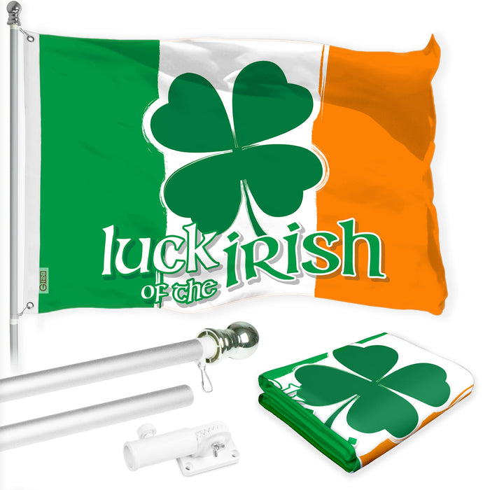 G128 Combo Pack: 6 Ft Tangle Free Aluminum Spinning Flagpole (Silver) & Ireland Irish Luck of the Irish Flag 3x5 Ft, LiteWeave Pro Series Printed 150D Polyester | Pole with Flag Included