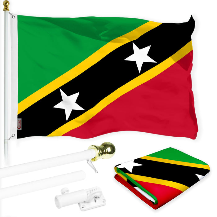 G128 Combo Pack: 6 Ft Tangle Free Aluminum Spinning Flagpole (White) & Saint Kitts and Nevis Flag 3x5 Ft, LiteWeave Pro Series Printed 150D Polyester | Pole with Flag Included