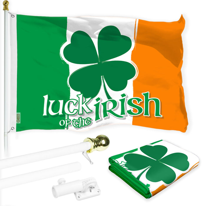 G128 Combo Pack: 6 Ft Tangle Free Aluminum Spinning Flagpole (White) & Ireland Irish Luck of the Irish Flag 3x5 Ft, LiteWeave Pro Series Printed 150D Polyester | Pole with Flag Included