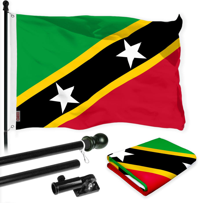 G128 Combo Pack: 6 Ft Tangle Free Aluminum Spinning Flagpole (Black) & Saint Kitts and Nevis Flag 3x5 Ft, LiteWeave Pro Series Printed 150D Polyester | Pole with Flag Included