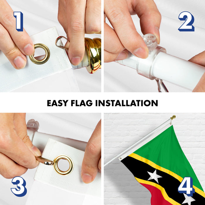G128 Combo Pack: 6 Ft Tangle Free Aluminum Spinning Flagpole (White) & Saint Kitts and Nevis Flag 3x5 Ft, LiteWeave Pro Series Printed 150D Polyester | Pole with Flag Included