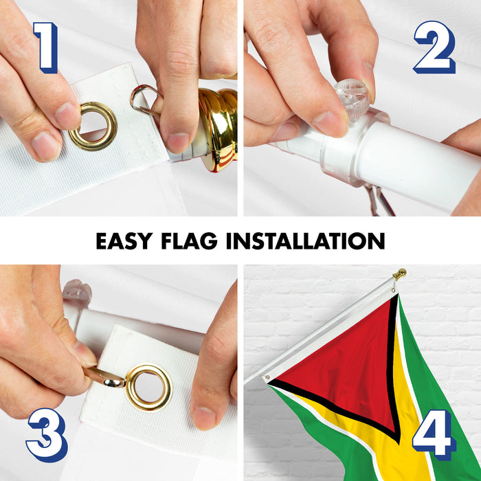 G128 Combo Pack: 6 Ft Tangle Free Aluminum Spinning Flagpole (White) & Guyana Guyanese Flag 3x5 Ft, LiteWeave Pro Series Printed 150D Polyester | Pole with Flag Included