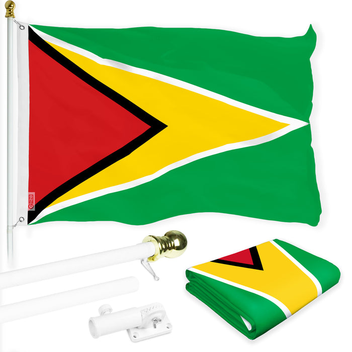 G128 Combo Pack: 6 Ft Tangle Free Aluminum Spinning Flagpole (White) & Guyana Guyanese Flag 3x5 Ft, LiteWeave Pro Series Printed 150D Polyester | Pole with Flag Included