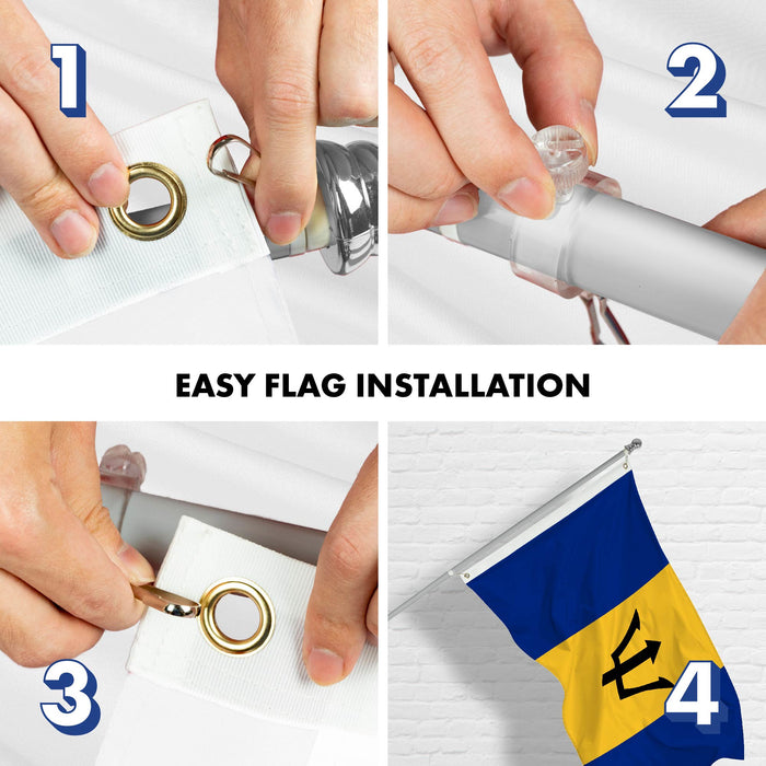 G128 Combo Pack: 6 Ft Tangle Free Aluminum Spinning Flagpole (Silver) & Barbados Barbadian Flag 3x5 Ft, LiteWeave Pro Series Printed 150D Polyester | Pole with Flag Included