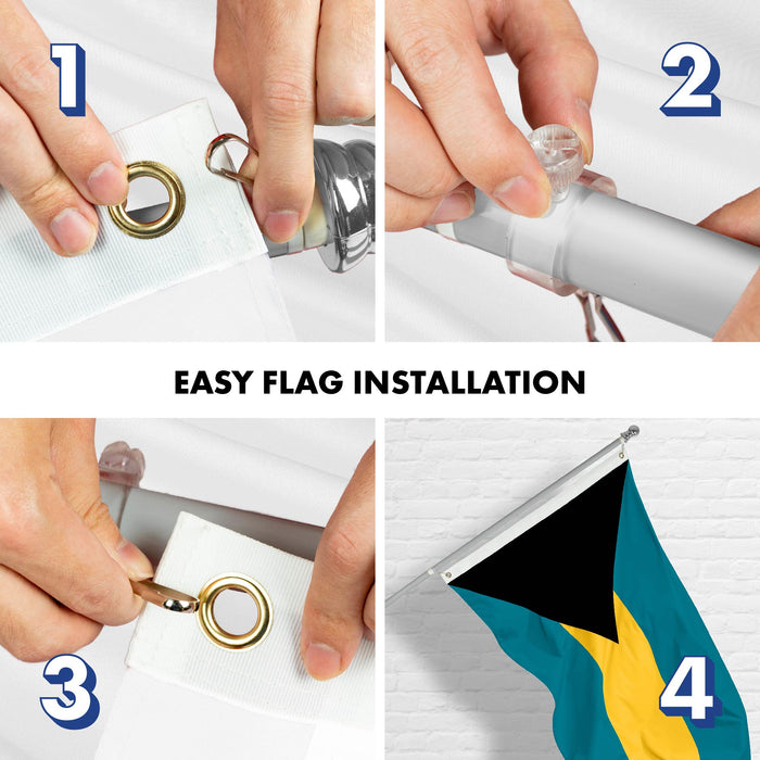 G128 Combo Pack: 6 Ft Tangle Free Aluminum Spinning Flagpole (Silver) & Bahamas Bahamian Flag 3x5 Ft, LiteWeave Pro Series Printed 150D Polyester | Pole with Flag Included