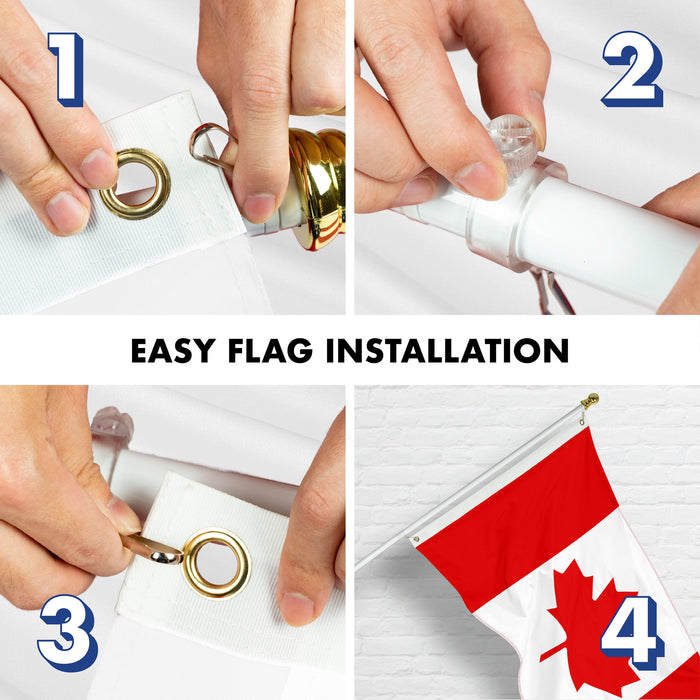 G128 Combo Pack: 5 Ft Tangle Free Aluminum Spinning Flagpole (White) & Canada Canadian Flag 2x3 Ft, ToughWeave Series Embroidered 210D Polyester | Pole with Flag Included