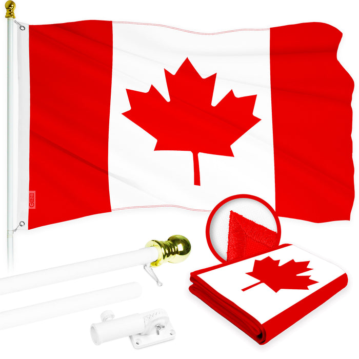 G128 Combo Pack: 5 Ft Tangle Free Aluminum Spinning Flagpole (White) & Canada Canadian Flag 2.5x4 Ft, ToughWeave Series Embroidered 210D Polyester | Pole with Flag Included