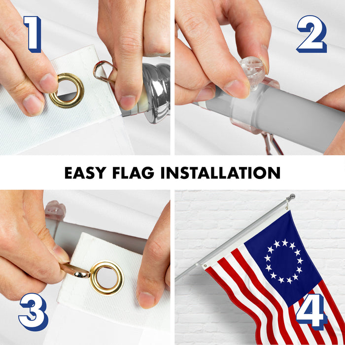 G128 Combo Pack: 6 Ft Tangle Free Aluminum Spinning Flagpole (Silver) & Betsy Ross Flag 3x5 Ft, ToughWeave Series Embroidered 300D Polyester | Pole with Flag Included