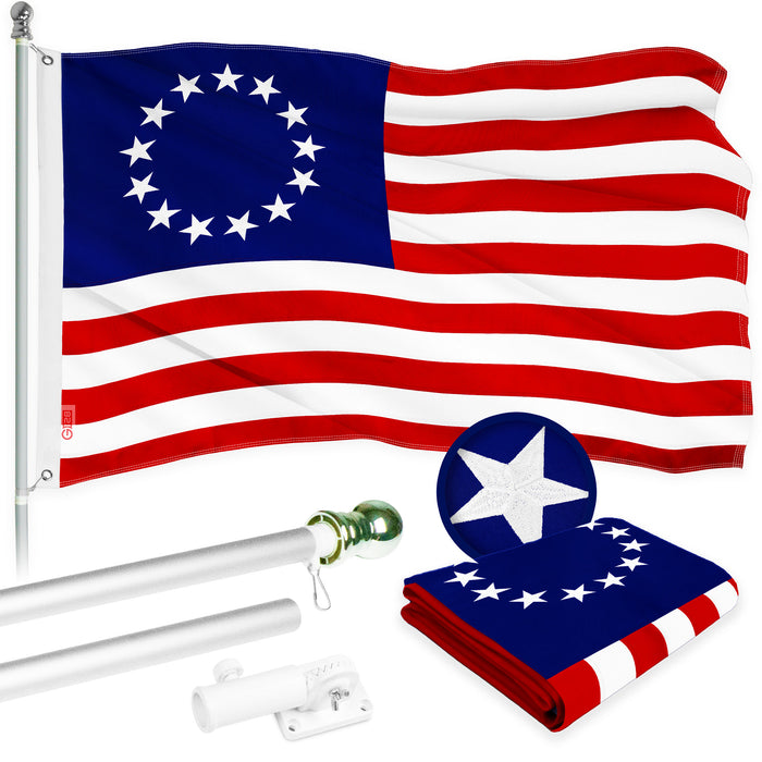 G128 Combo Pack: 5 Ft Tangle Free Aluminum Spinning Flagpole (Silver) & Betsy Ross Flag 2x3 Ft, ToughWeave Series Embroidered 300D Polyester | Pole with Flag Included