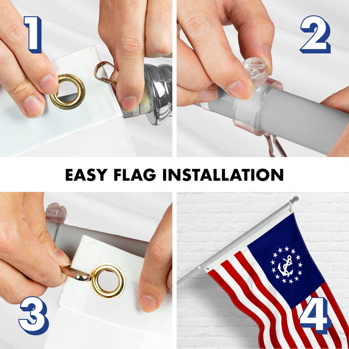 G128 Combo Pack: 5 Ft Tangle Free Aluminum Spinning Flagpole (Silver) & American USA Yacht Ensign Flag 2x3 Ft, ToughWeave Series Embroidered 300D Polyester | Pole with Flag Included