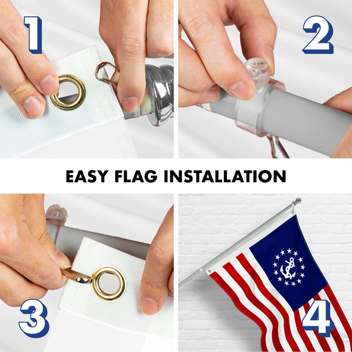 G128 Combo Pack: 5 Ft Tangle Free Aluminum Spinning Flagpole (Silver) & American USA Yacht Ensign Flag 2.5x4 Ft, ToughWeave Series Embroidered 300D Polyester | Pole with Flag Included