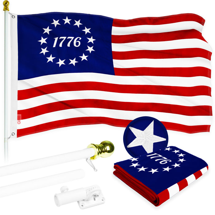 G128 Combo Pack: 5 Ft Tangle Free Aluminum Spinning Flagpole (White) & Betsy Ross 1776 Flag 2.5x4 Ft, ToughWeave Series Embroidered 300D Polyester | Pole with Flag Included