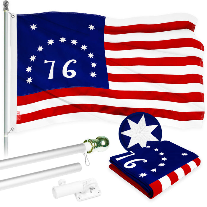 G128 Combo Pack: 5 Ft Tangle Free Aluminum Spinning Flagpole (Silver) & Bennington 76 Flag 2x3 Ft, ToughWeave Series Embroidered 300D Polyester | Pole with Flag Included