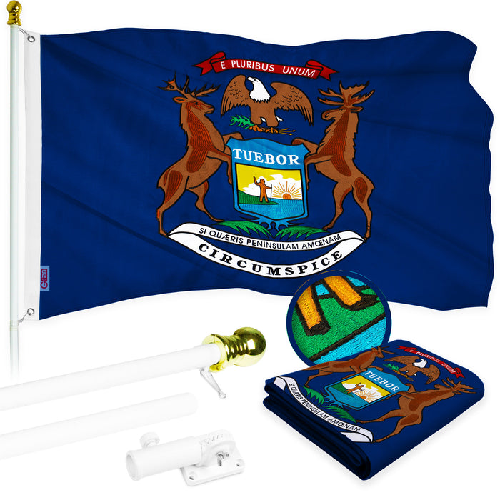 G128 Combo Pack: 6 Ft Tangle Free Aluminum Spinning Flagpole (White) & Michigan MI State Flag 3x5 Ft, ToughWeave Series Embroidered 300D Polyester | Pole with Flag Included